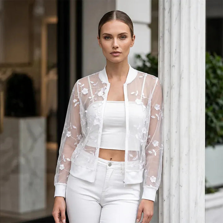 Aderisse - Transparenter, floraler Cardigan mit Reissverschluss
