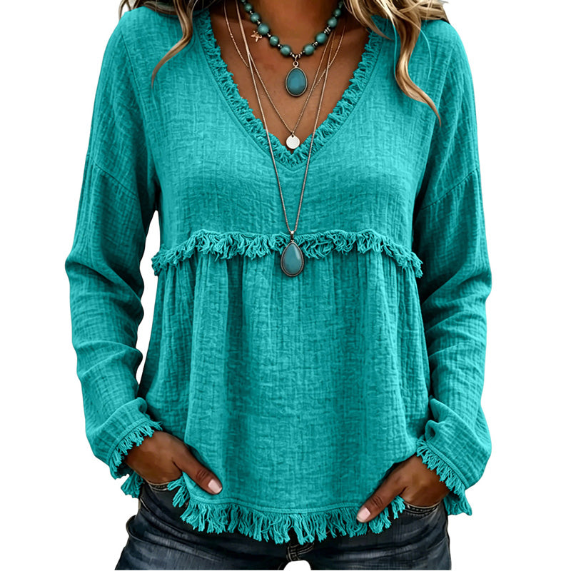 Ariselle - V-Ausschnitt-Bluse mit Fransenbesatz
