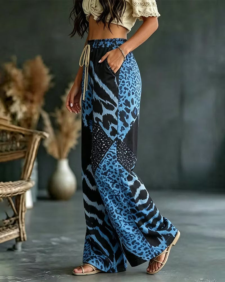 Elfrida - Weiche Leopard-Patchwork-Hose mit weitem Bein