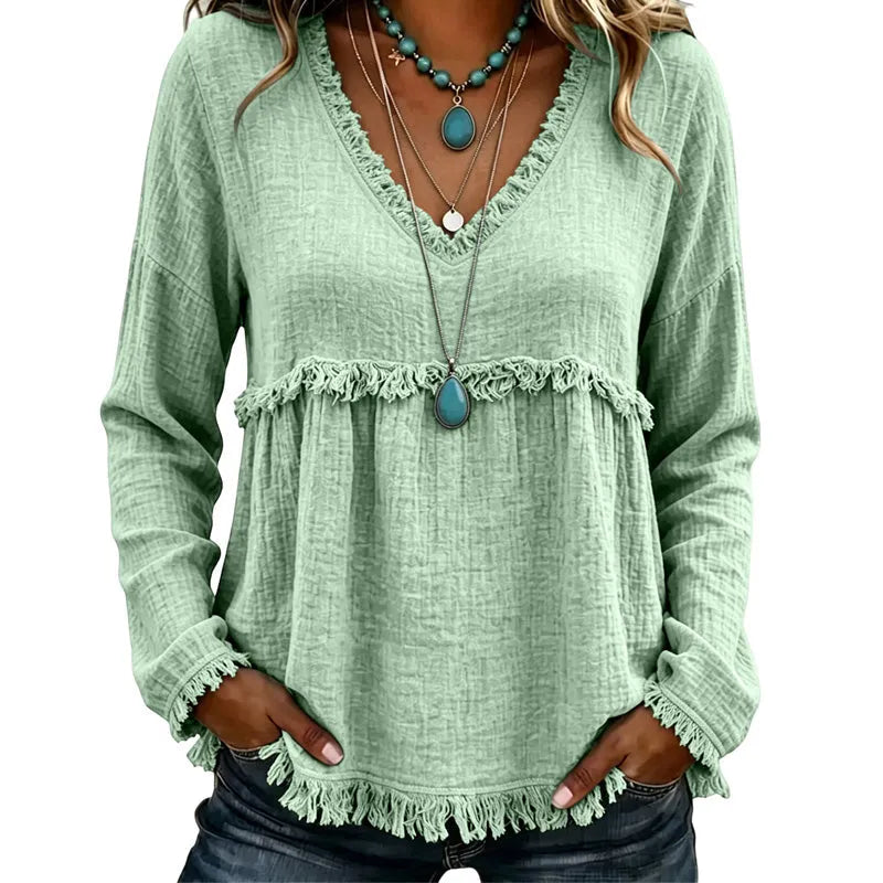 Ariselle - V-Ausschnitt-Bluse mit Fransenbesatz