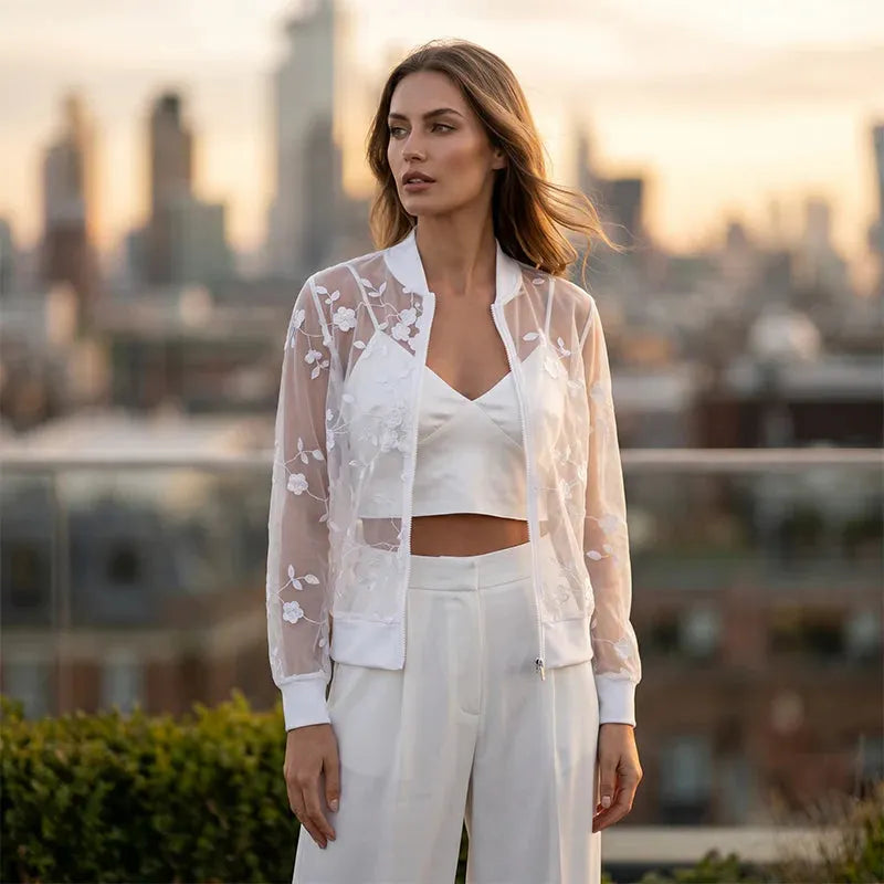 Aderisse - Transparenter, floraler Cardigan mit Reissverschluss