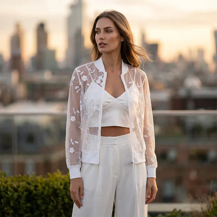 Aderisse - Transparenter, floraler Cardigan mit Reissverschluss