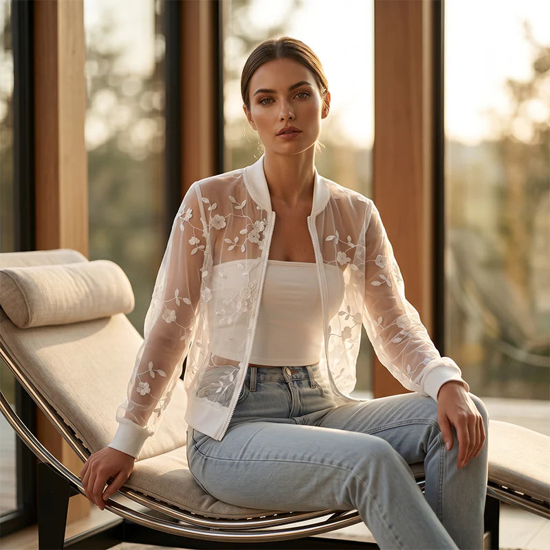 Aderisse - Transparenter, floraler Cardigan mit Reissverschluss