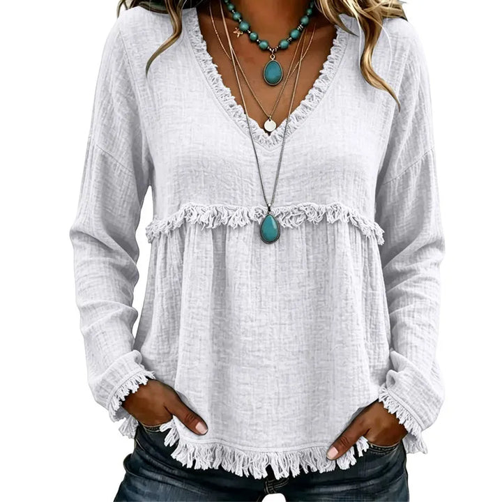 Ariselle - V-Ausschnitt-Bluse mit Fransenbesatz