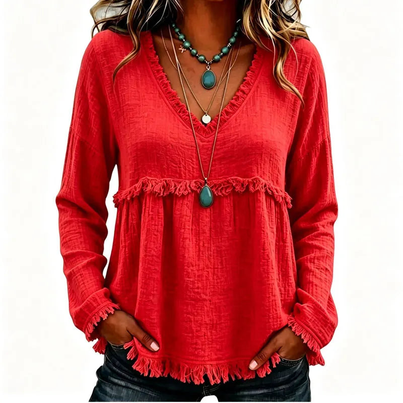 Ariselle - V-Ausschnitt-Bluse mit Fransenbesatz