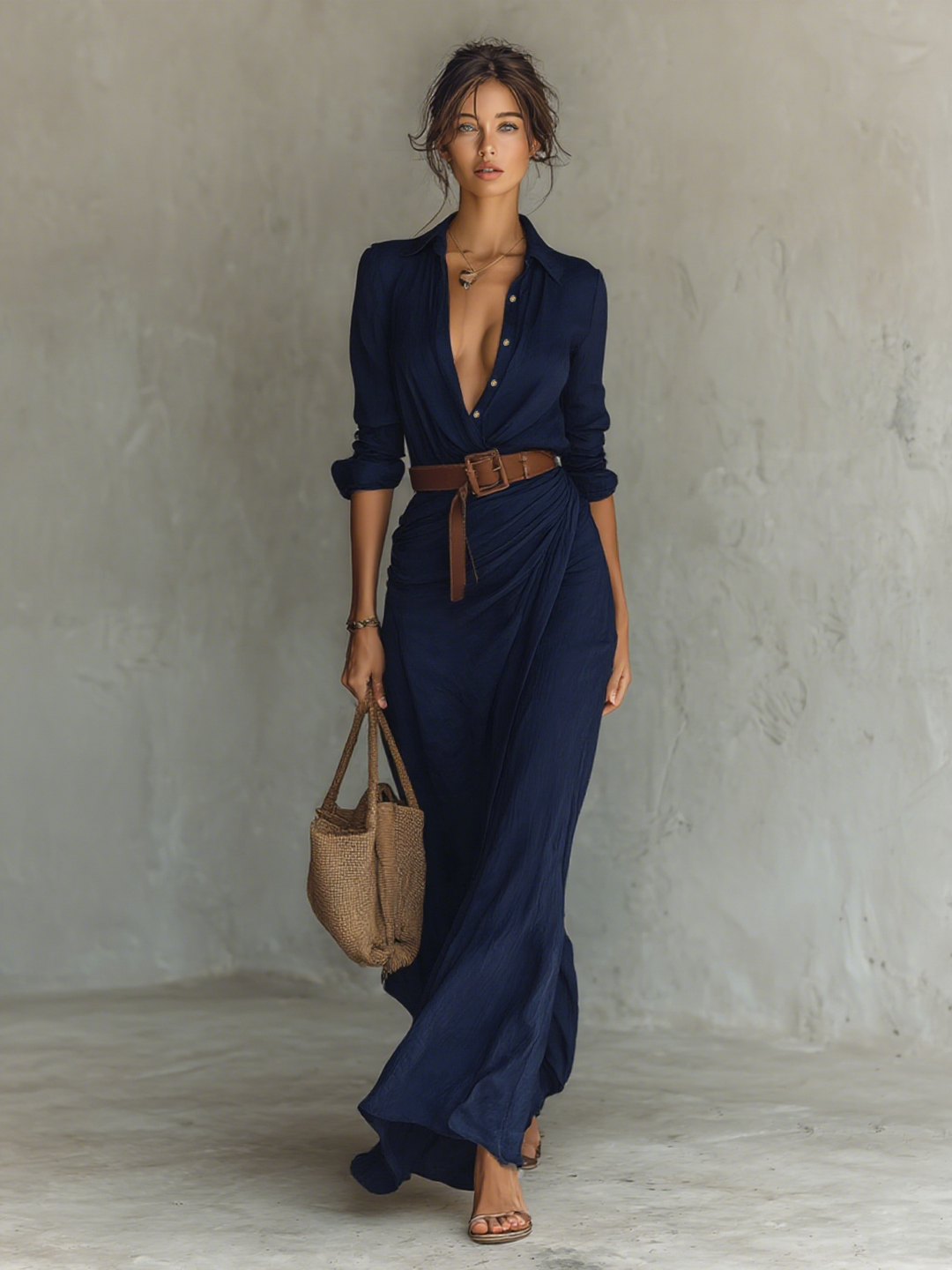 Calantha - Soft-Touch Maxi-Hemdkleid mit Bindegürtel