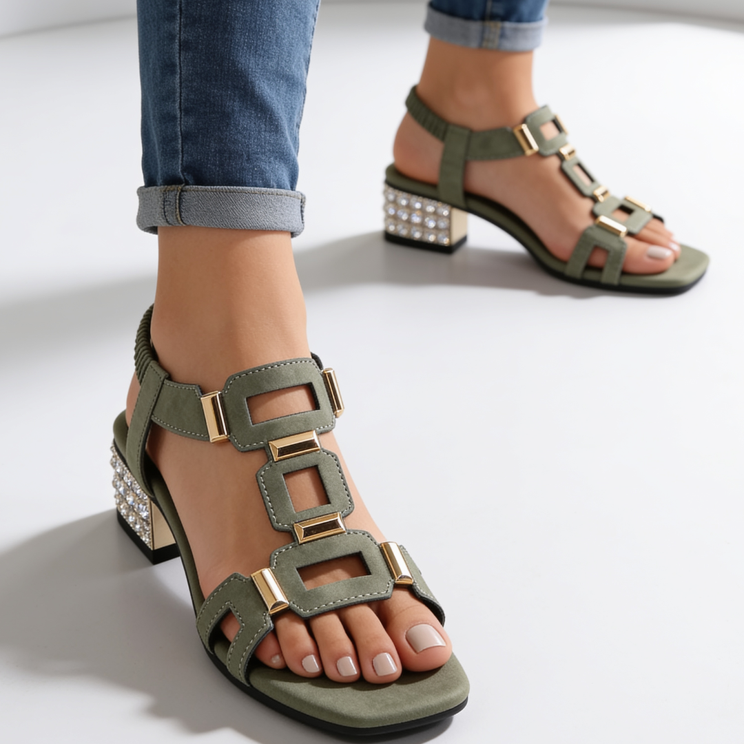 Marcella - kristallverzierte Slingback-Sandaletten mit Blockabsatz