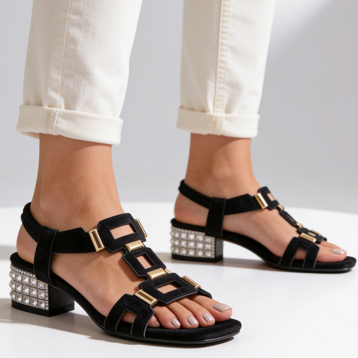 Marcella - kristallverzierte Slingback-Sandaletten mit Blockabsatz