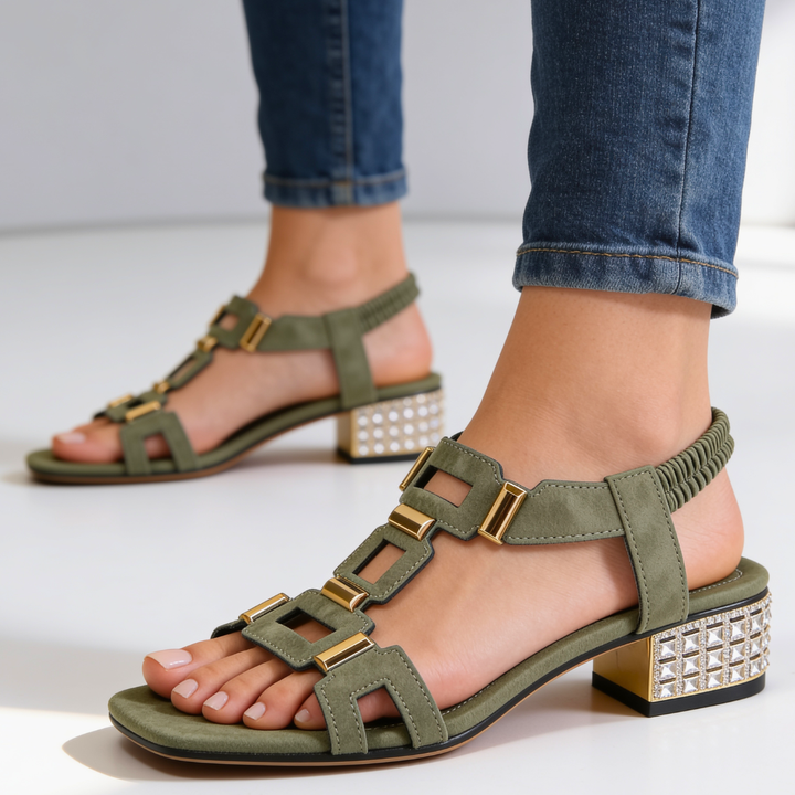 Marcella - kristallverzierte Slingback-Sandaletten mit Blockabsatz