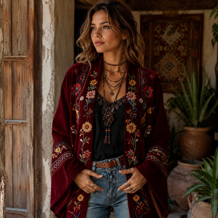 Eudocia - Kimono-Cardigan mit Boho-Stickerei