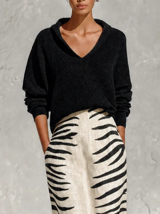 Aelyra - Strickpullover mit Soft-Touch & Midi-Jupe im Zebra-Print aus Leinen