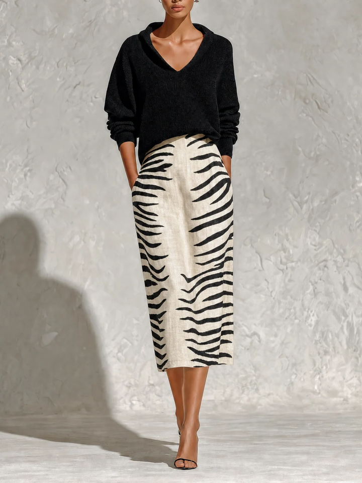 Aelyra - Strickpullover mit Soft-Touch & Midi-Jupe im Zebra-Print aus Leinen