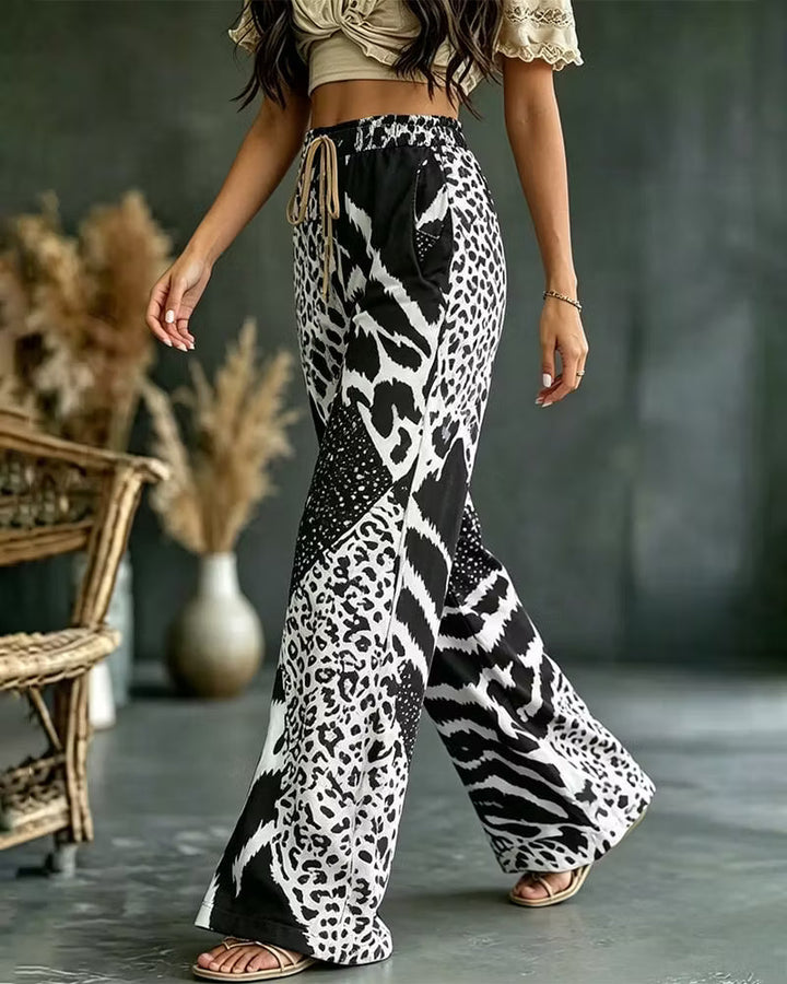 Elfrida - Weiche Leopard-Patchwork-Hose mit weitem Bein