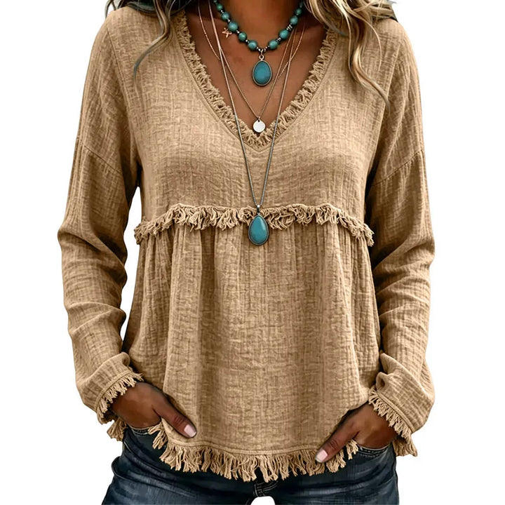 Ariselle - V-Ausschnitt-Bluse mit Fransenbesatz
