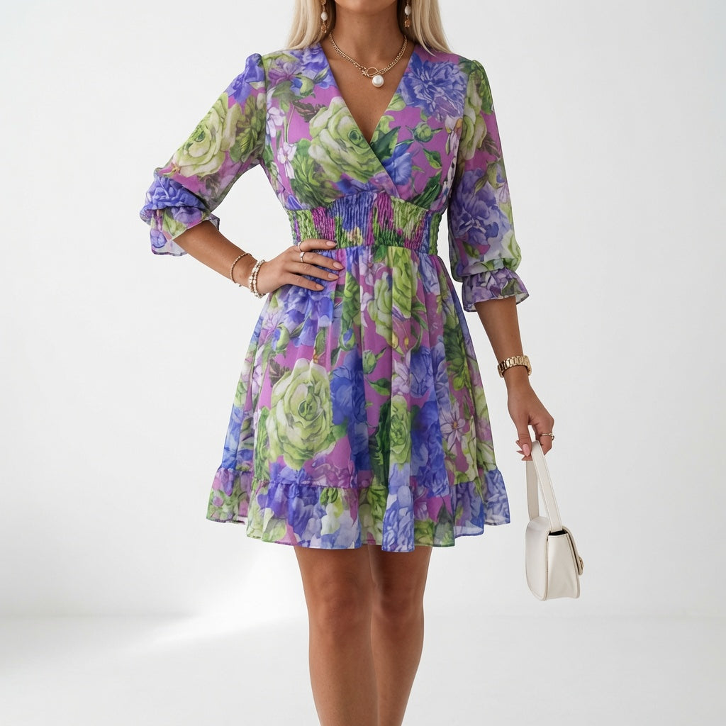 Maelona - Florales gesmoktes Minikleid mit weicher Haptik