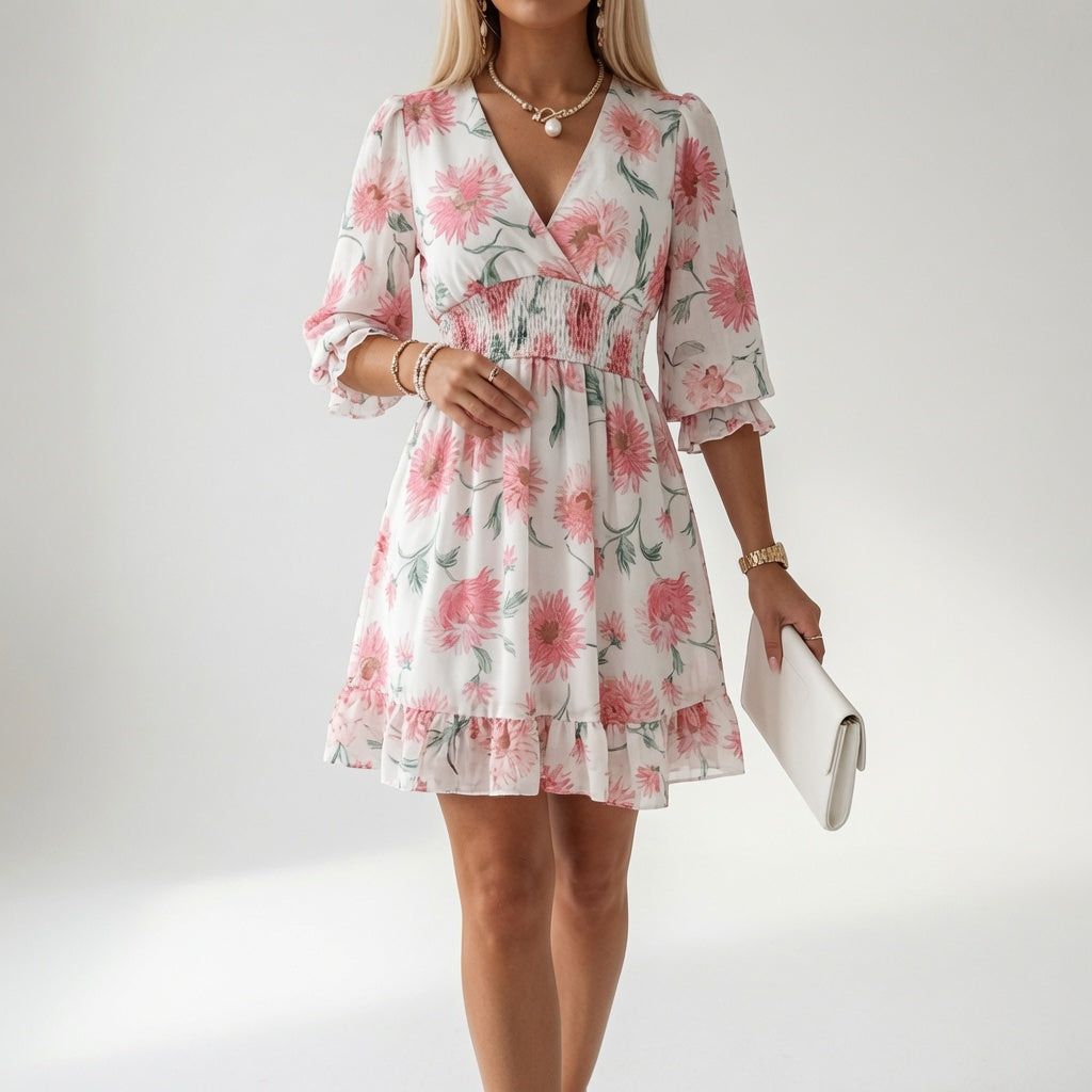 Maelona - Florales gesmoktes Minikleid mit weicher Haptik