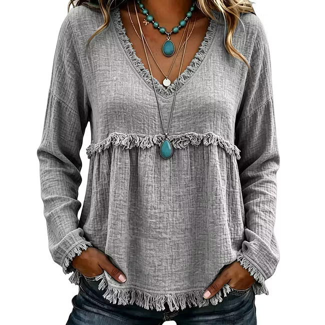 Ariselle - V-Ausschnitt-Bluse mit Fransenbesatz