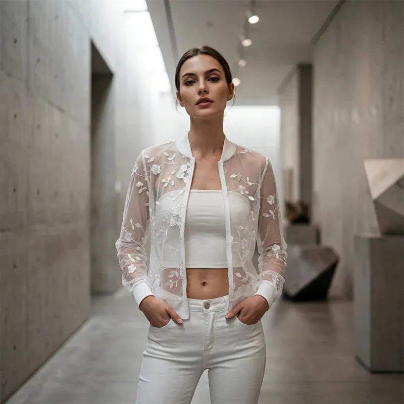 Aderisse - Transparenter, floraler Cardigan mit Reissverschluss