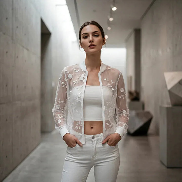 Aderisse - Transparenter, floraler Cardigan mit Reissverschluss