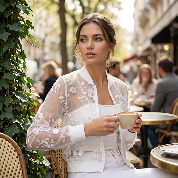 Aderisse - Transparenter, floraler Cardigan mit Reissverschluss