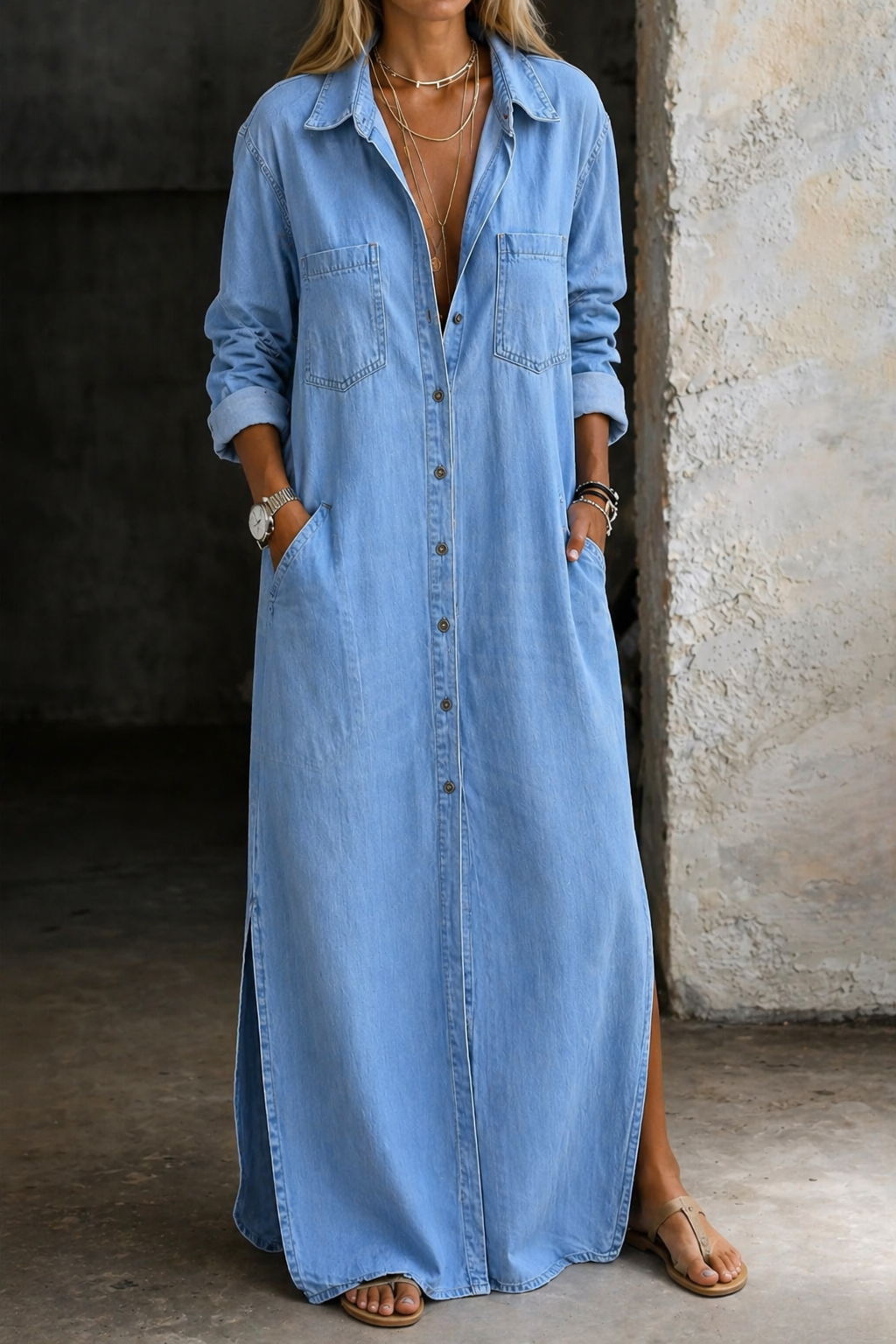 Brialisse - fliessendes Maxi-Hemdblusenkleid