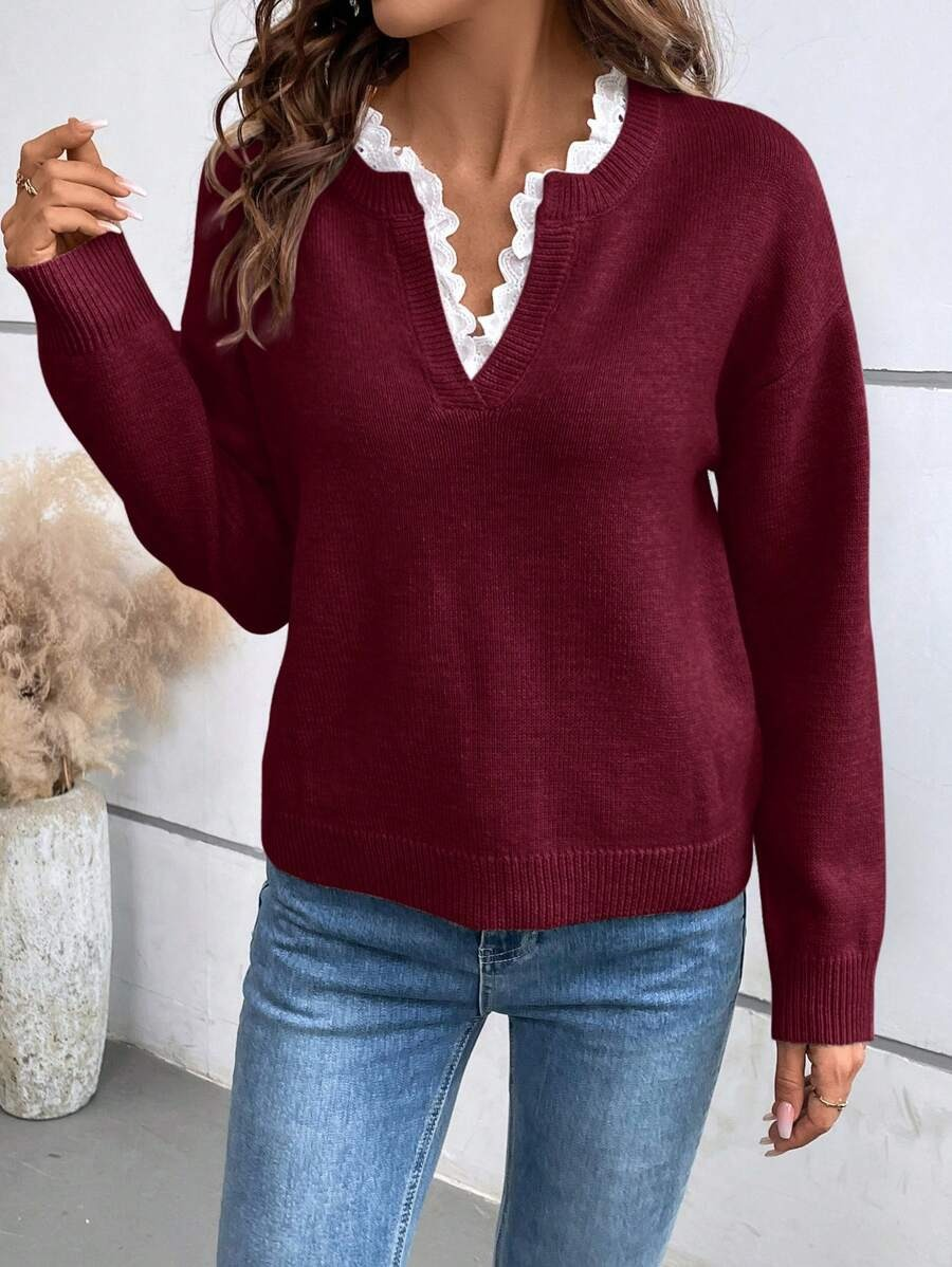 Aloraine - V-Ausschnitt-Pullover mit Spitzenbesatz und weichem Griff