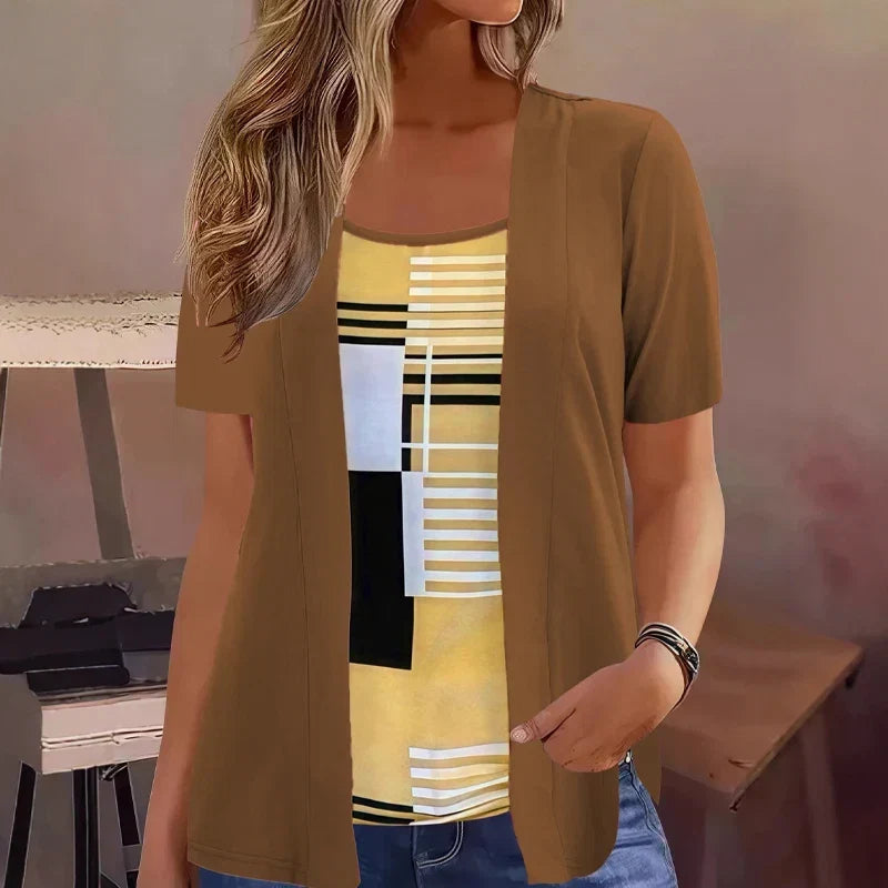 Celiora - modernes Set aus Cardigan und Bluse mit Print